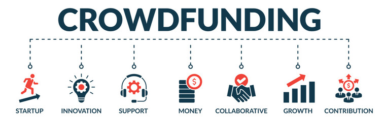 Banner of crowdfunding web vector illustration concept with icons of startup, innovation, support, money, collaborative, growth, contribution
