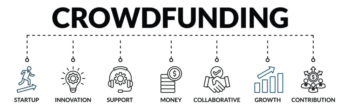 Banner of crowdfunding web vector illustration concept with icons of startup, innovation, support, money, collaborative, growth, contribution
