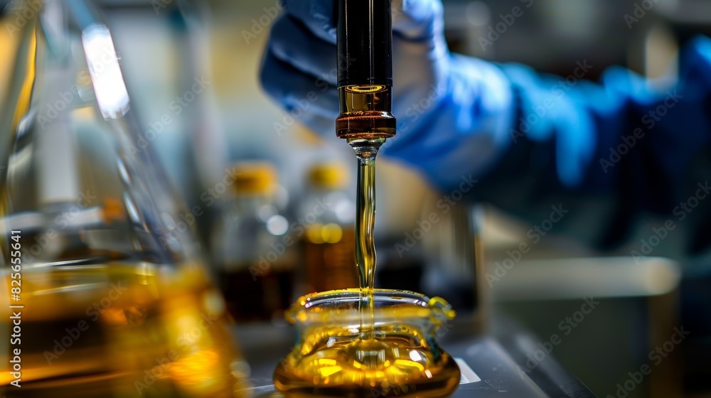 Poster a lab technician pours a sample of crude oil onto a piece of filter paper using gravity to separate 
