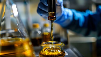 A lab technician pours a sample of crude oil onto a piece of filter paper using gravity to separate different layers for testing.