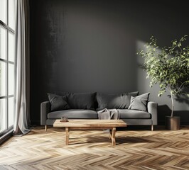 Modern interior design of a dark gray wall with a sofa and coffee table in the style of minimalism