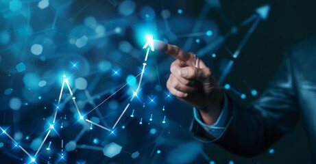 The merchant uses his finger to touch the growth graph on the virtual screen, and the arrow points upward to the business growth, the business success idea