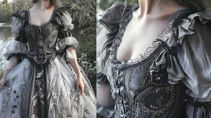 A woman is wearing a black and white dress with lace detailing