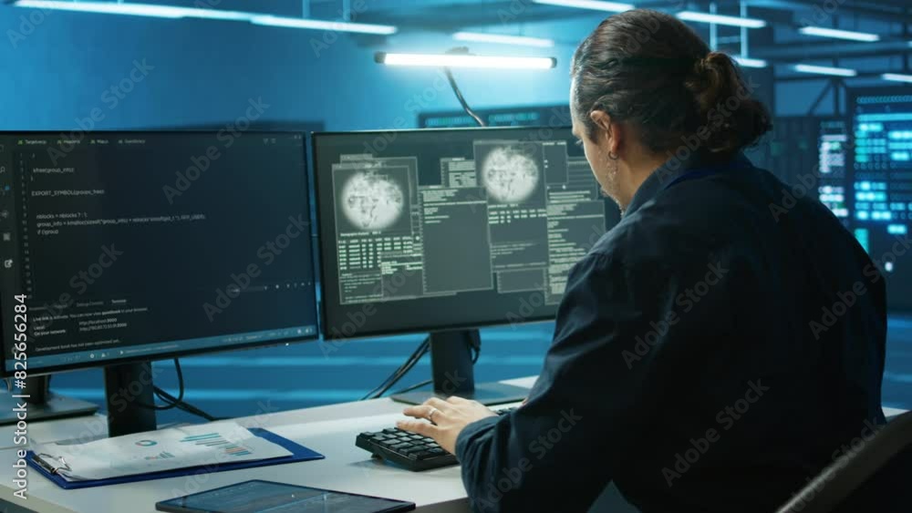 Poster system administrator in server room frightened by sensitive data threatened by hacking attack on com