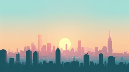 Urban Elegance: Flat, Simple Vector City Skyline in Midday Light