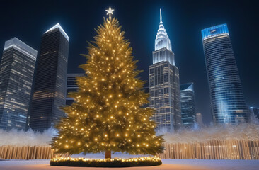Fototapeta premium A luxurious Christmas tree in the evening against the backdrop of New York and skyscrapers. A golden garland adorns a large Christmas tree.