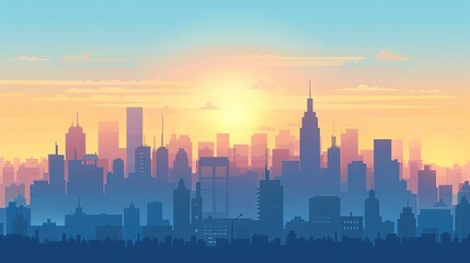 Urban Elegance: Flat, Simple Vector City Skyline in Midday Light