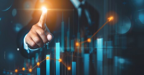 The merchant uses his finger to touch the growth graph on the virtual screen, and the arrow points upward to the business growth, the business success idea