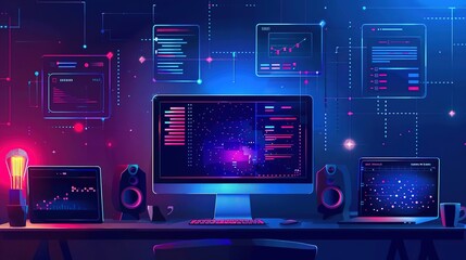 computer with software system update and development concept, vector flat design illustration