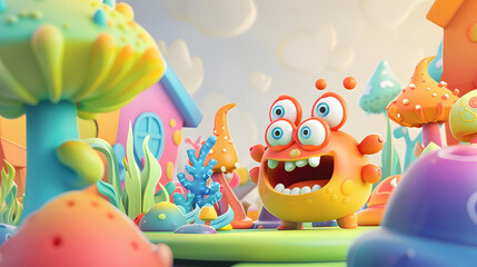 Naklejka premium A colorful cartoon monster is standing in a field of flowers and mushrooms