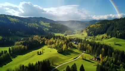 Obraz premium Stunning spring views of the countryside and green grass and beautiful flowers, with rolling hills and fertile soil, against a backdrop of vast mountains