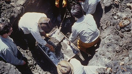 A group of scientists carefully lower the time capsule into a deep hole in the ground.