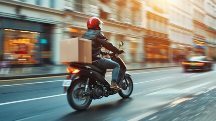 A man on a motorcycle is riding down a street with a box on his back