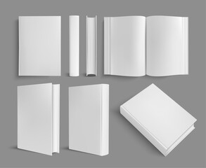 realistic book mockup template with various side views open closed books with empty pages vector