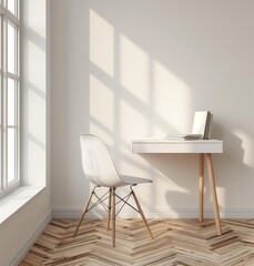 white modern desk sits in the middle of an empty room with a parquet floor