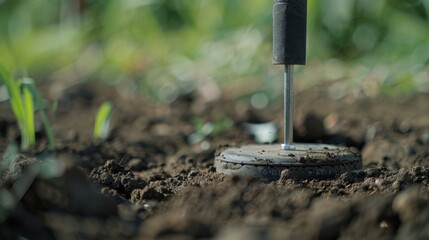 A closeup of a soil compaction test being conducted with a weight being dropped onto the ground to measure its compactness.