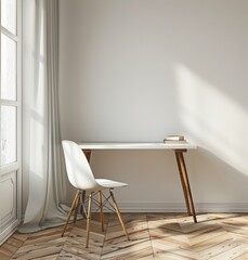 white modern desk sits in the middle of an empty room with a parquet floor