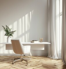 white modern desk sits in the middle of an empty room with a parquet floor