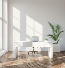 Fototapeta premium white modern desk sits in the middle of an empty room with a parquet floor