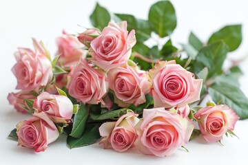 a bouquet pink roses flower and green leaves on white background