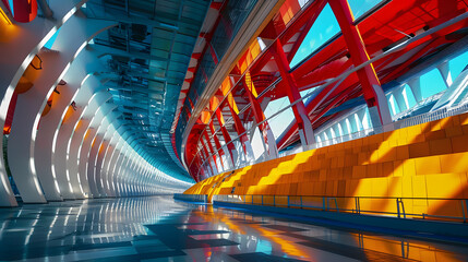 A large, empty, brightly lit, multi-colored building with a red