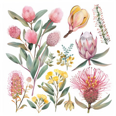 Beautiful Watercolor Australian Native Botanical Floral Illustration Set Isolated White Waratah, Protea, Gum, Eucalyptus