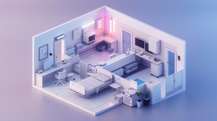 A hospital room with a bed, desk, a chair, a television, and a potted plant, isometric style