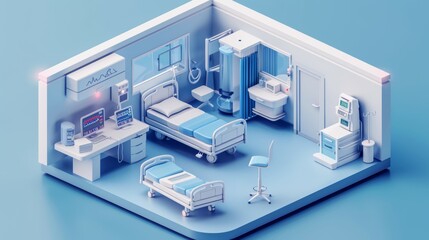 A hospital room with a bed, a desk, a chair, and a trash can, isometric style