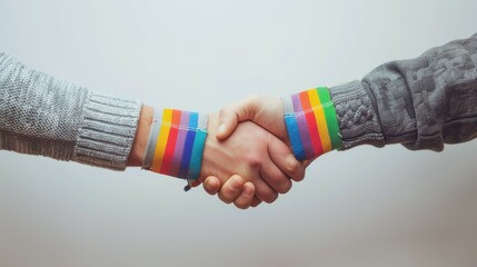 Two people shaking hands with colorful bracelets on their wrists, lgbt support concept