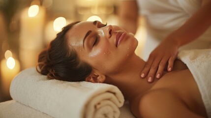 A woman is getting a facial treatment with a woman assisting her, massage and spa concept