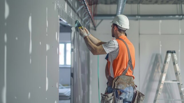 A team of construction workers hanging new drywall in a previously empty space.