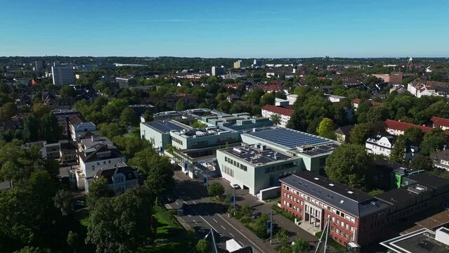 Aerial drone view of Museum Folkwang in Essen, Germany. Museum Folkwang is a major collection of 19th- and 20th-century art. 