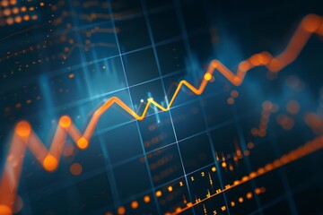 Stock market chart, numbers and orange upward line, blue background