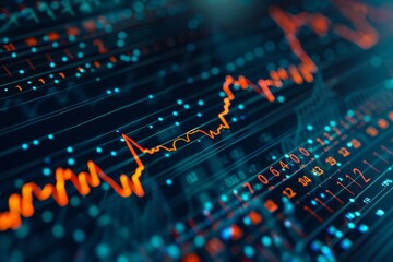 Stock market chart, numbers and orange upward line, blue background