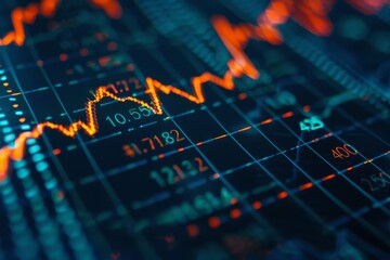 Stock market chart, numbers and orange upward line, blue background