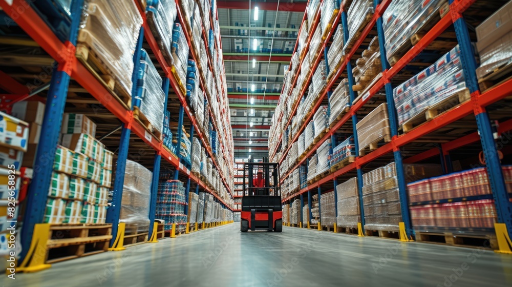 Poster smart warehouse worker or operator driving forklift and lifted product surrounded with box at storag