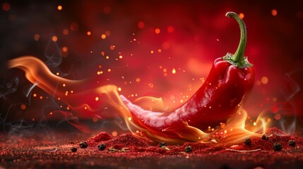 A red pepper is on a red background with fire and smoke