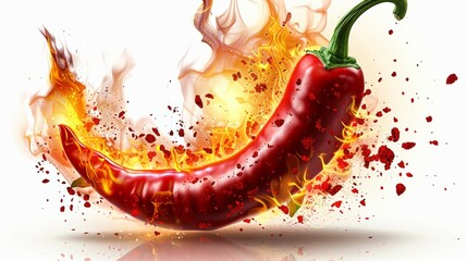 A red pepper with a green stem is surrounded by fire