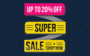 Supper sale vector design with 20% off and hanging colorful streamers in white background for store promotions and party celebrations