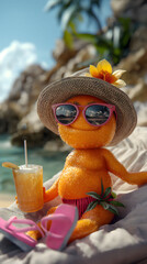 Tropical Orange Character Enjoying Beach with Cocktail and Sunglasses