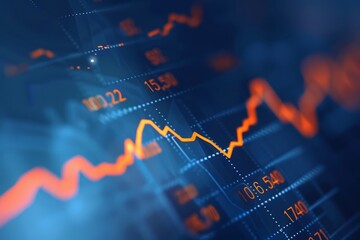 Stock market chart, numbers and orange upward line, blue background