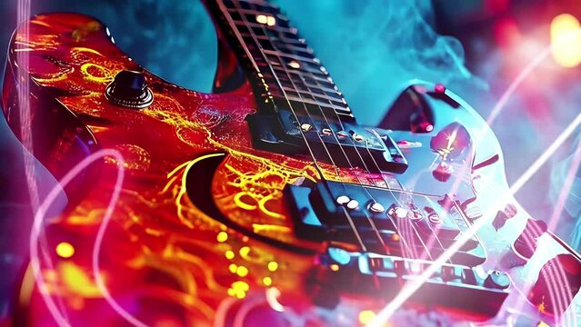 Elegant Electric Guitar with Colored Smoke Background Artistic, colorful