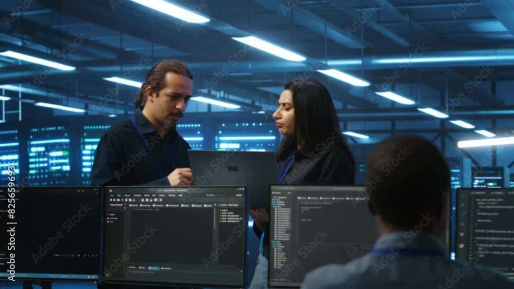 Poster multiethnic engineering team in server hub monitoring data center energy consumption across hardware