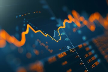 Fototapeta premium Stock market chart, numbers and orange upward line, blue background