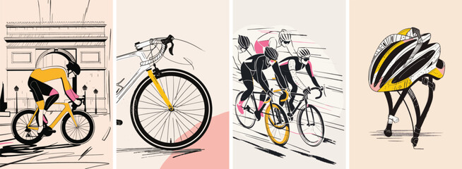 Collection of minimal road bike racing poster cover designs. Abstract cycling sports background