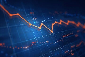 Naklejka premium Stock market chart, numbers and orange upward line, blue background