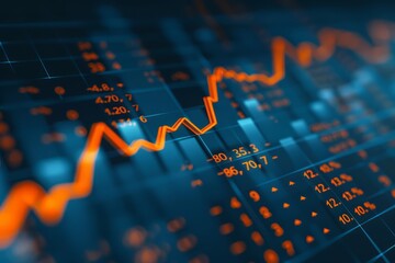 Stock market chart, numbers and orange upward line, blue background