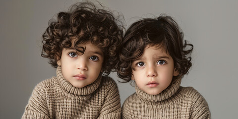 portrait of two children, boy and girl with dark brown hair wearing beige sweaters on light grey background, generative AI