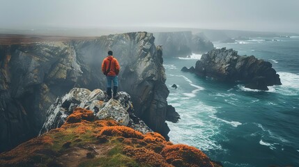 Hiking adventure along a coastal cliff, dramatic ocean views, hiker standing at the edge, wind blowing, wild and untamed landscape, highresolution adventure photography, Close up - Powered by Adobe