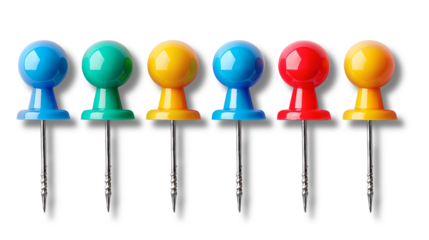 "Colorful Push Pins Grid: Bright and Glossy Office Supplies on Transparent Background"